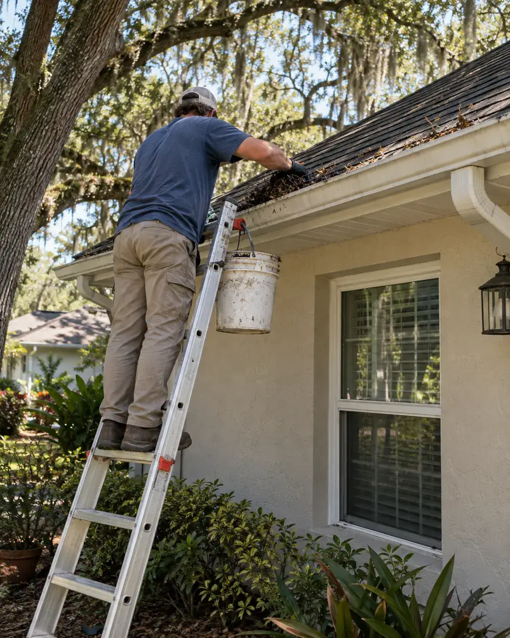 Worker on a ladder scooping leaves out of a roof gutter
