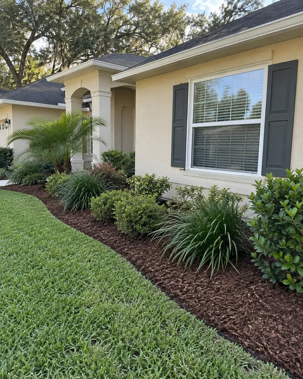 Neatly edged and mulched landscape bed beside a home