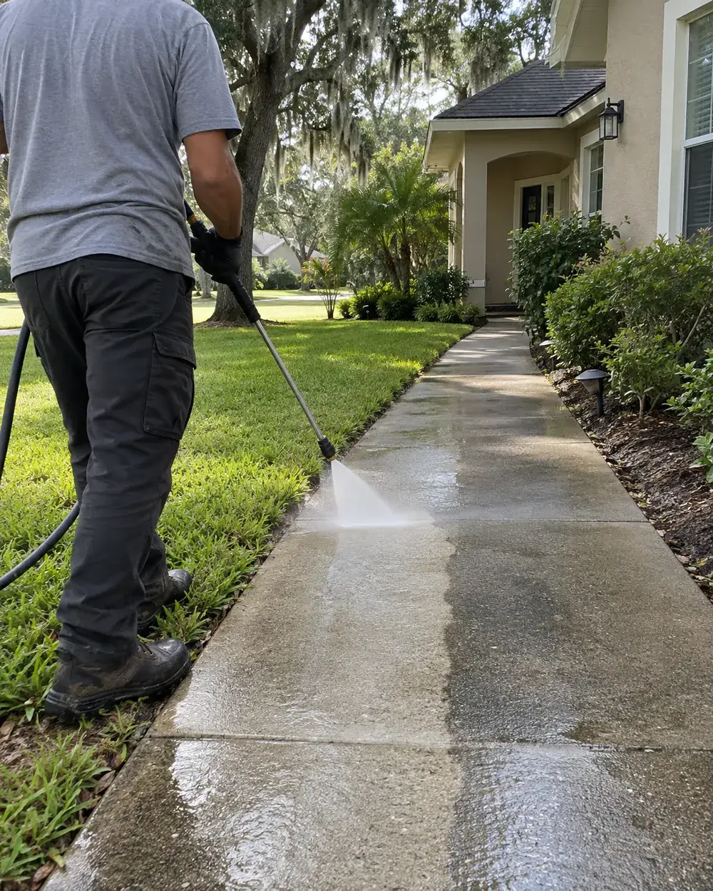 Worker pressure washing a concrete walkway beside a lawn